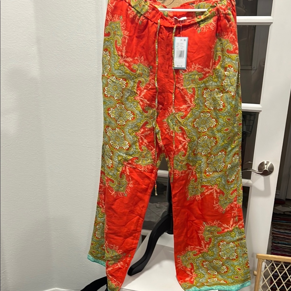 Tyler Boe Orange and Green Wide Leg Pants 100% Linen